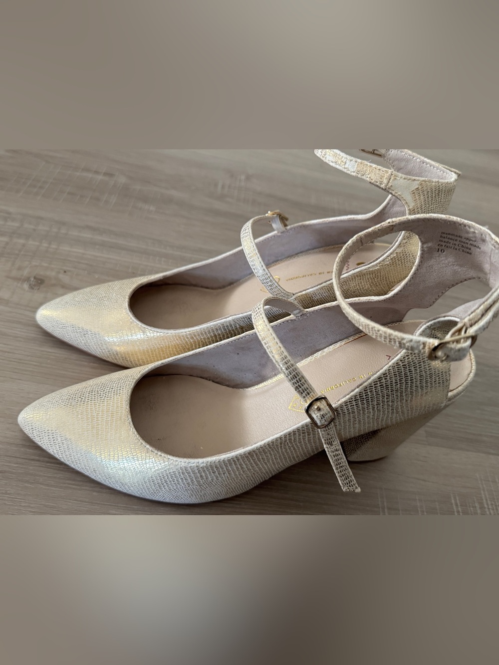 BC Footwear Shimmery Gold Pointed Mary Jane Heels with Ankle Straps Size 10
